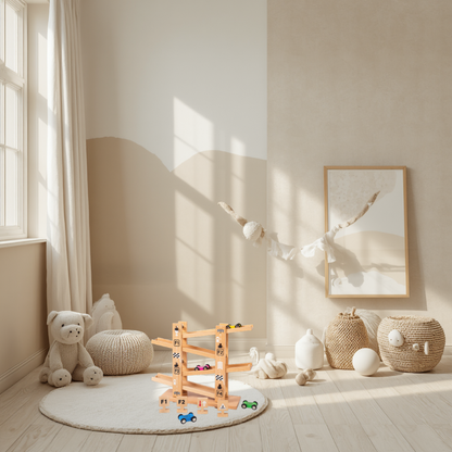 Children's playroom with toys and a wooden climbing toy in a softly lit room.