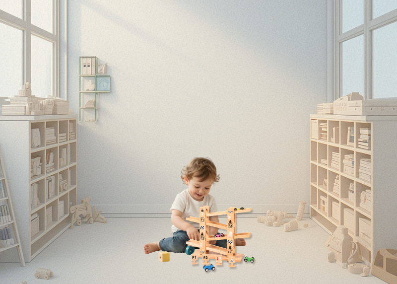 Child playing with a wooden toy in a bright, minimalistic room.