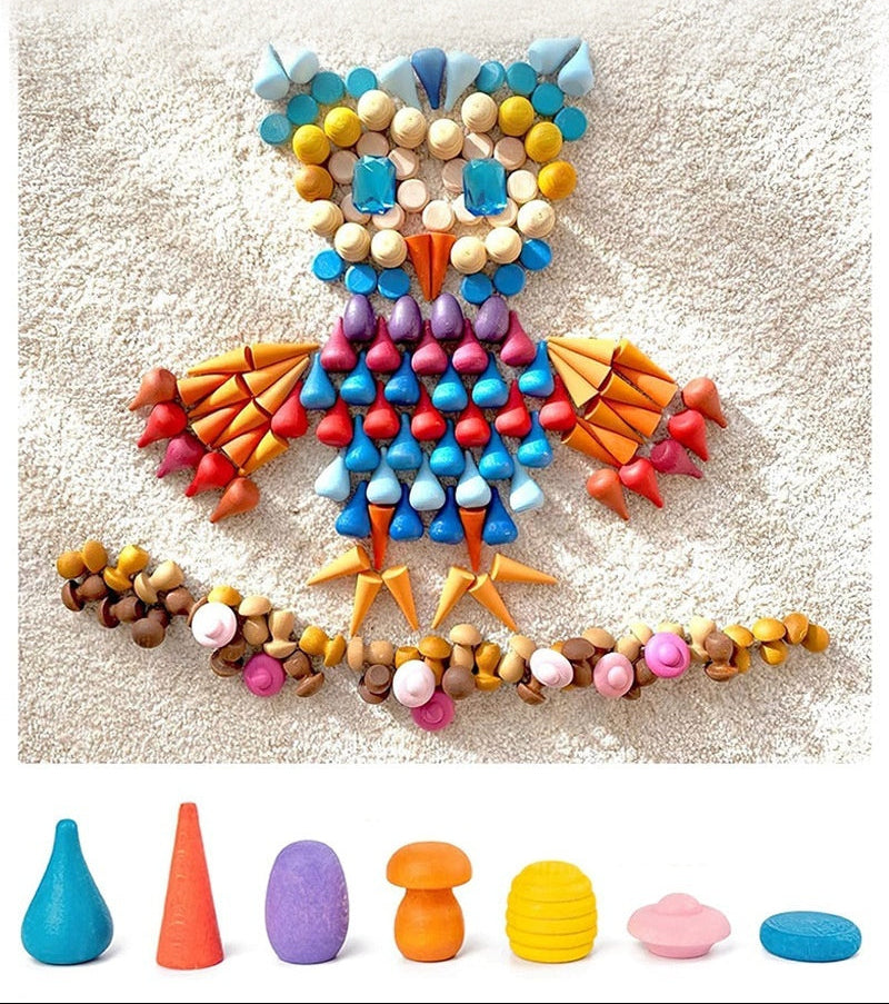 Colorful building blocks shaped like an owl on a white background