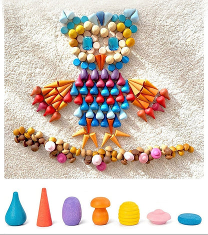 Colorful building blocks shaped like an owl on a white background
