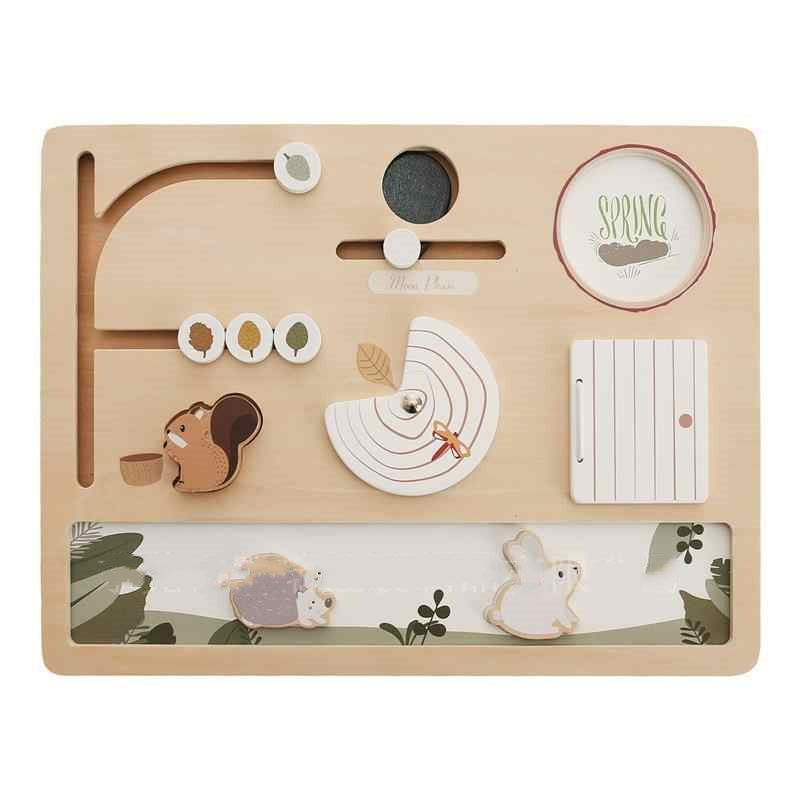 Wooden sensory activity board toy with interactive elements
