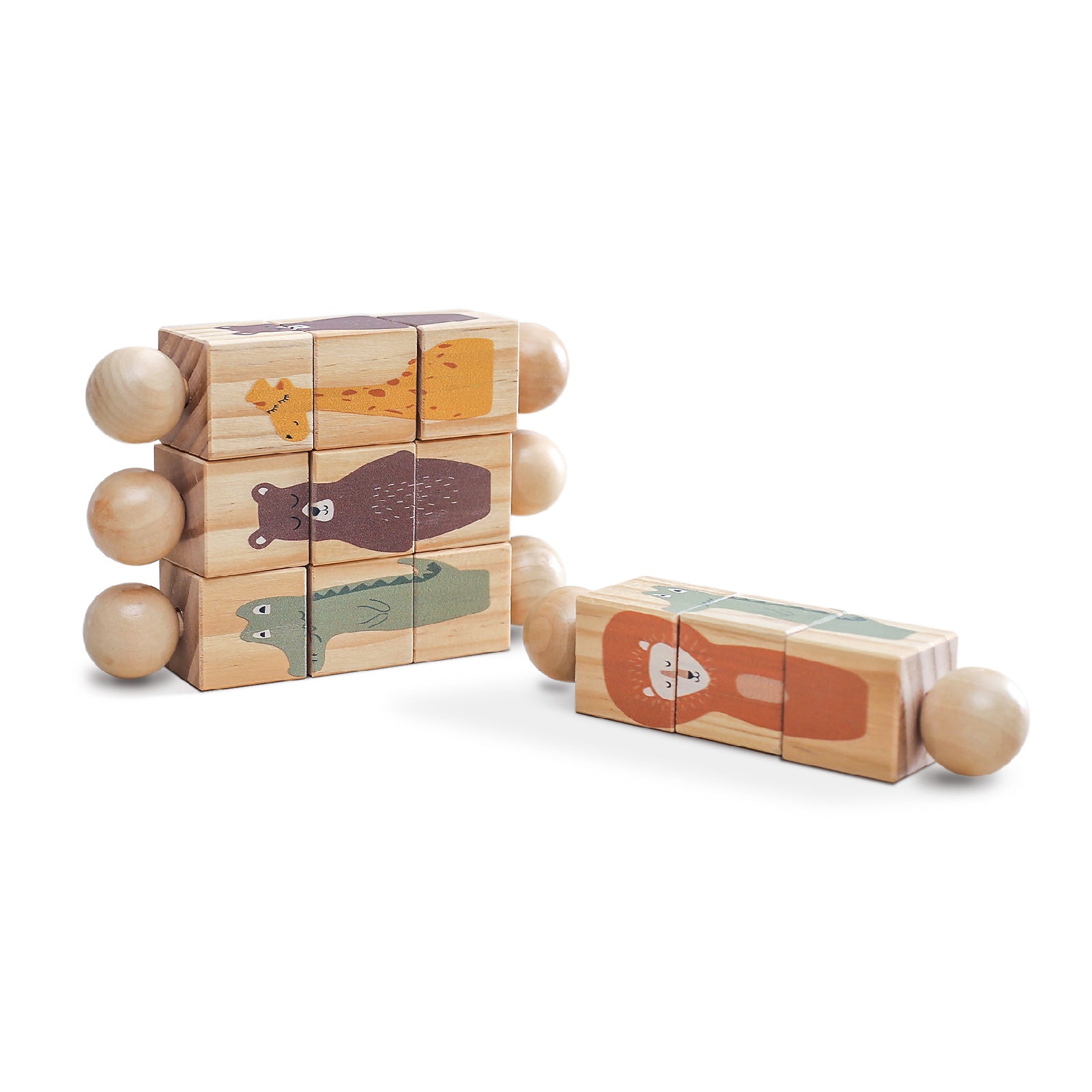 Wooden building blocks with animal illustrations on a white background