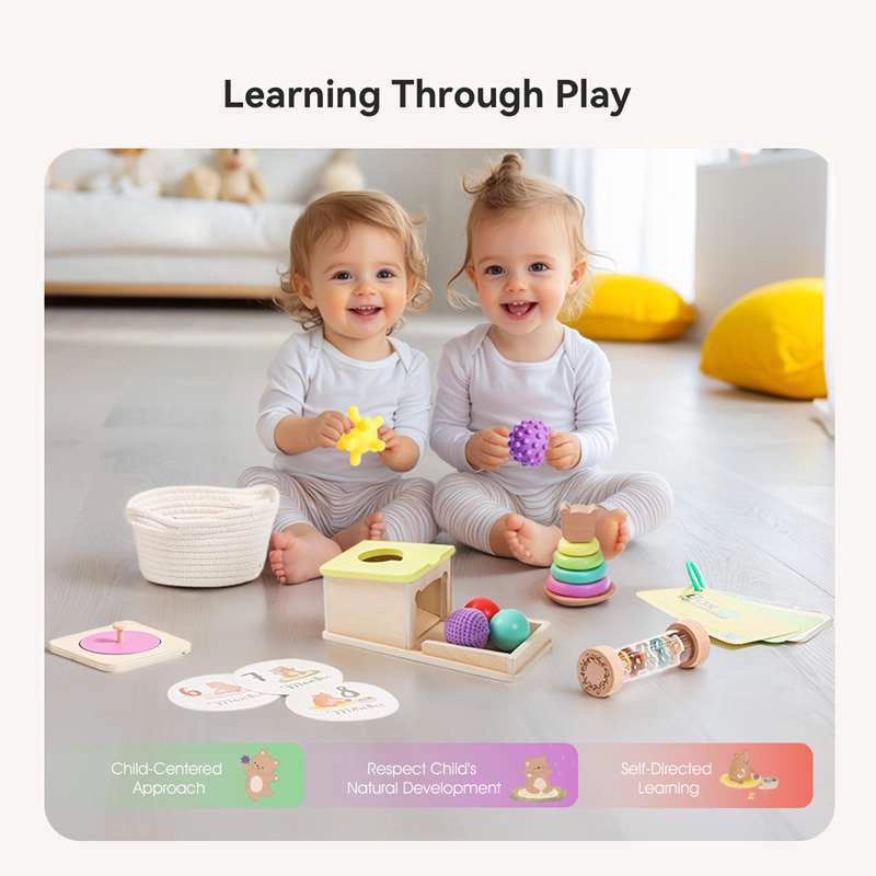 Two children playing with educational toys on a light-colored floor.