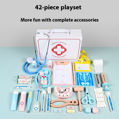 42-piece toy doctor's kit with various medical tools on a light blue background