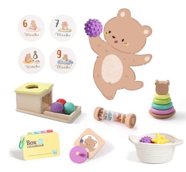 Collection of educational toys for infants with a bear theme on a white background