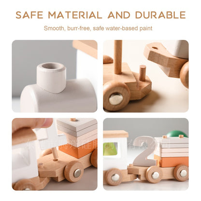 Wooden toys with text highlighting safe material and durability