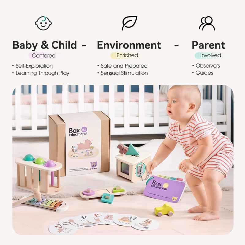 Baby playing with educational toys in a crib, with text about baby and child development.