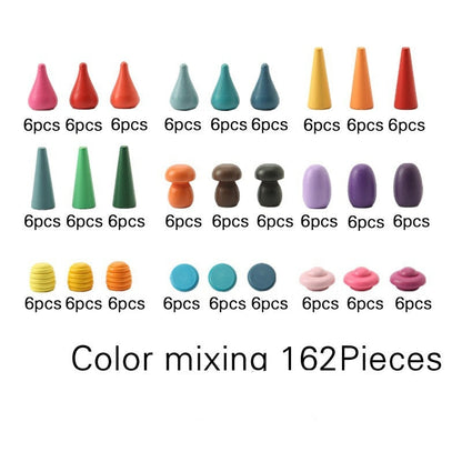 Assorted colored clay pieces arranged in rows with labels on a white background.
