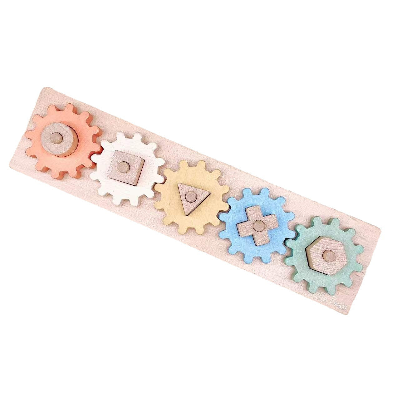 Wooden puzzle with colorful gears on a white background