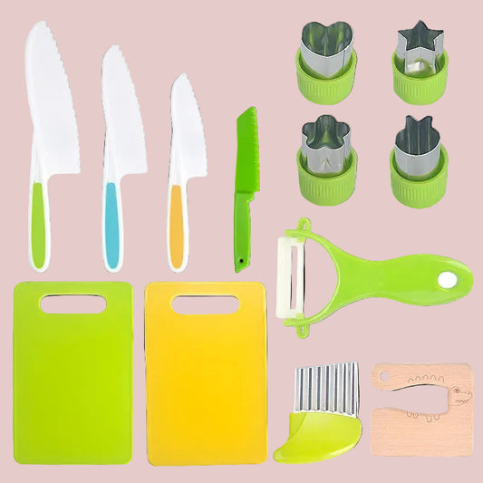 Set of colorful kitchen utensils including knives, cutting boards, and cookie cutters on a white background.