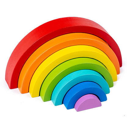 Set of colorful wooden arches in rainbow pattern on a white background