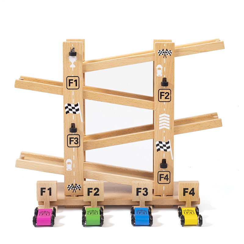 Wooden marble run with labeled sections and colorful marble holders on a white background